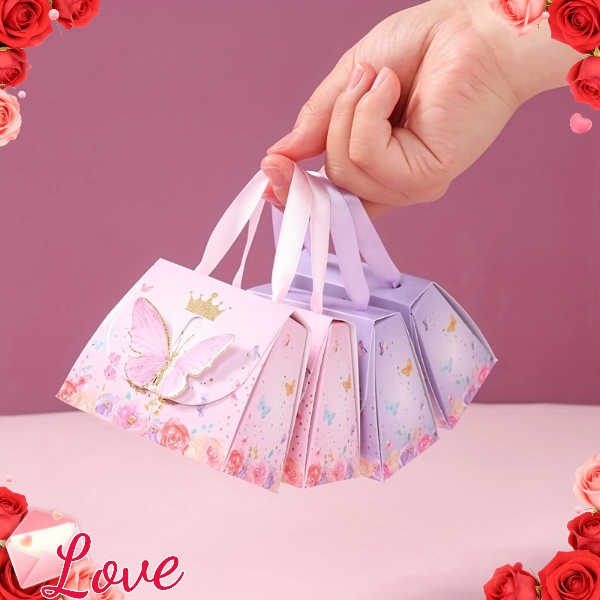 Schmetterlings-Kronen-Papiertüten & Geschenktaschen, geeignet für Babypartys, Hochzeiten, Geburtstagsfeiern, Dekorationen, Geschenkverpackungen. – Detail 2