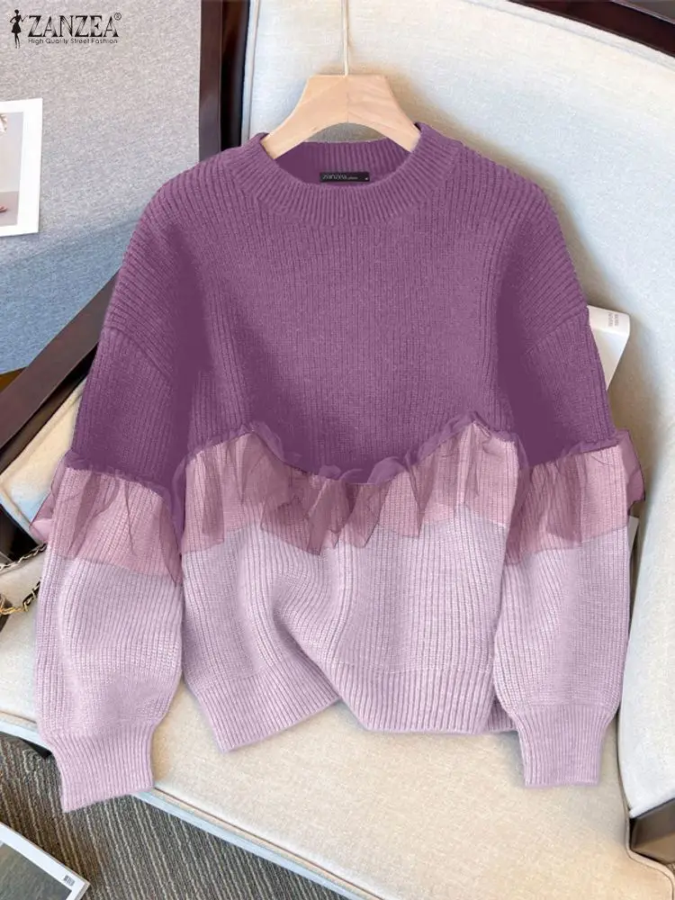 Zanzea moda coreana moletom feminino outono aconchegante gota-ombro manga malha retalhos contraste-cor pullovers roupas femininas