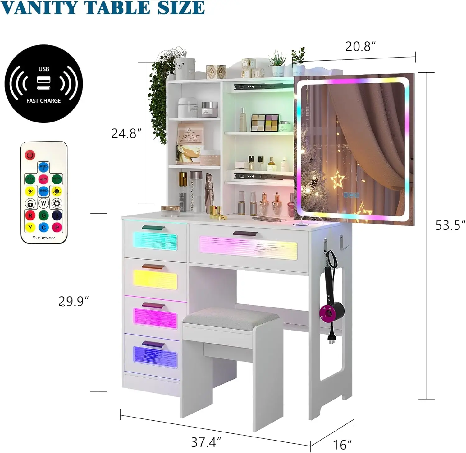 Bedroom White Vanity Set with LED Mirror, RGB Light & Jewelry Organizer view 4