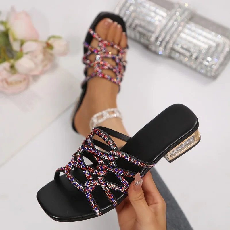 Women Multicolor Rhinestone Hollow Grid Slide Sandals Square Open Toe 3.5CM Inlay Clear Block Heel Slip on Party Dress Slippers