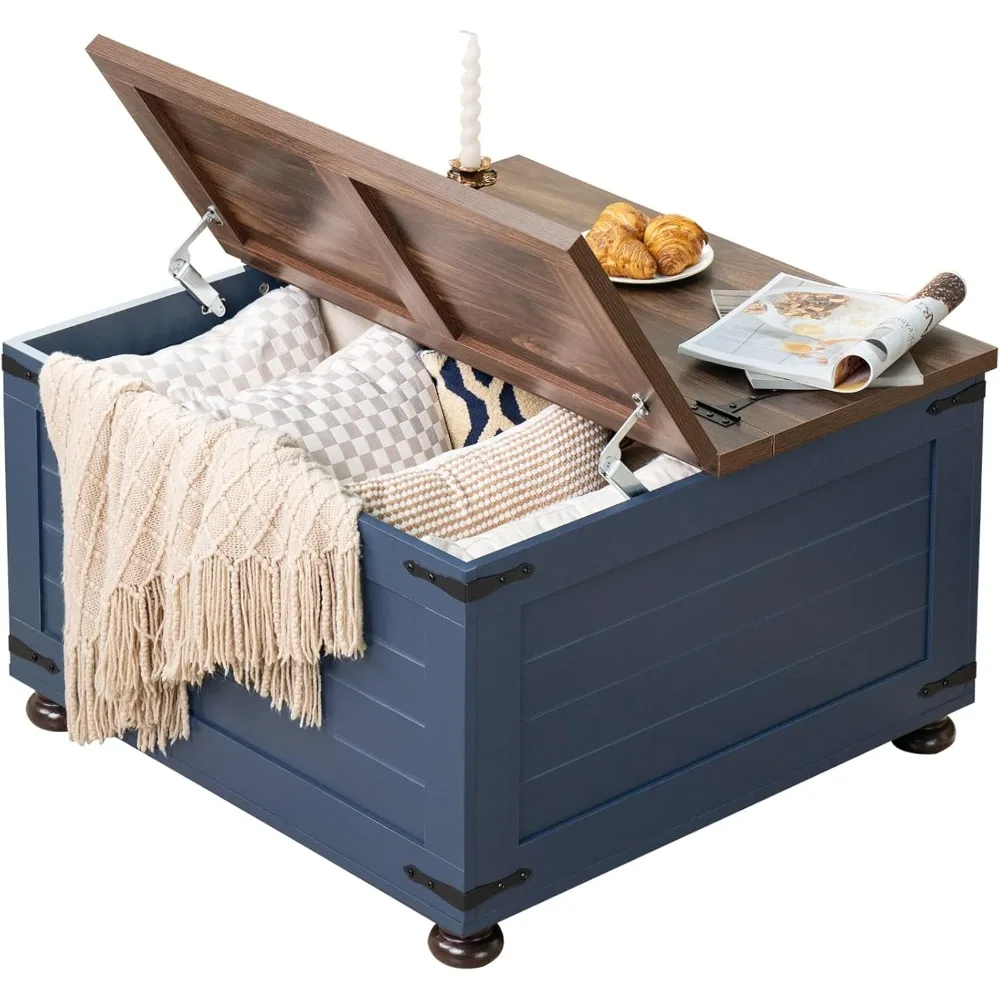 طاولة قهوة مع مساحة تخزين مخفية، طاولة مركزية مربعة بسعة 59 جالون لغرفة المعيشة، طاولات كوكتيل خشبية ريفية مع قلابة