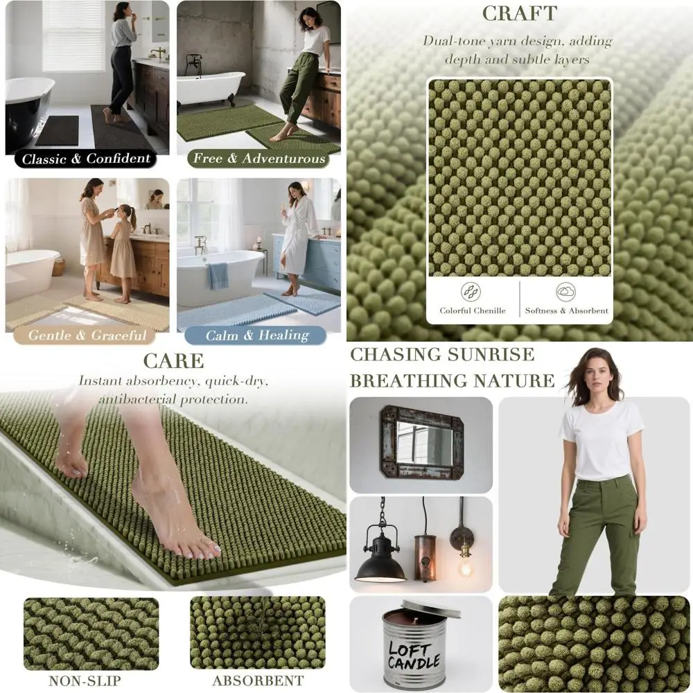 

2-Piece Sage Green Chenille Bath Mat Set with Non-Slip Grip, Thick & Soft, 20x47 + 20x32 for Bathroom Decor