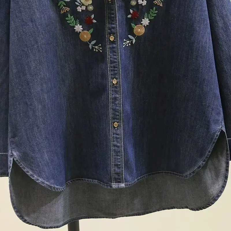 Women's Jeans Jacket No Curling Edges Retro Embroidery Denim Shirt Jacket Spring New Loose Design Long Sleeves Blouse Top