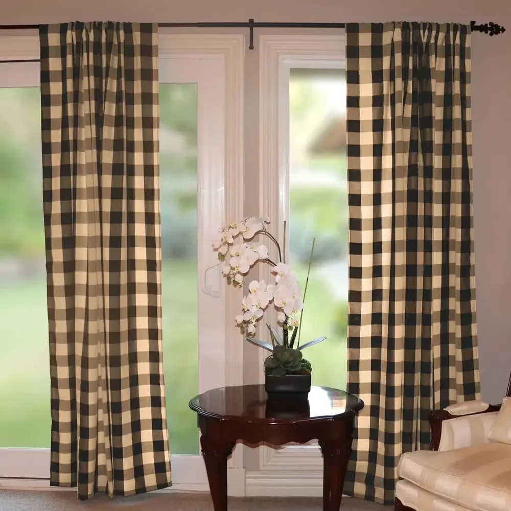 Polyester Checkered Curtain Panels - Country Style, Black & Beige, 56 x 96
