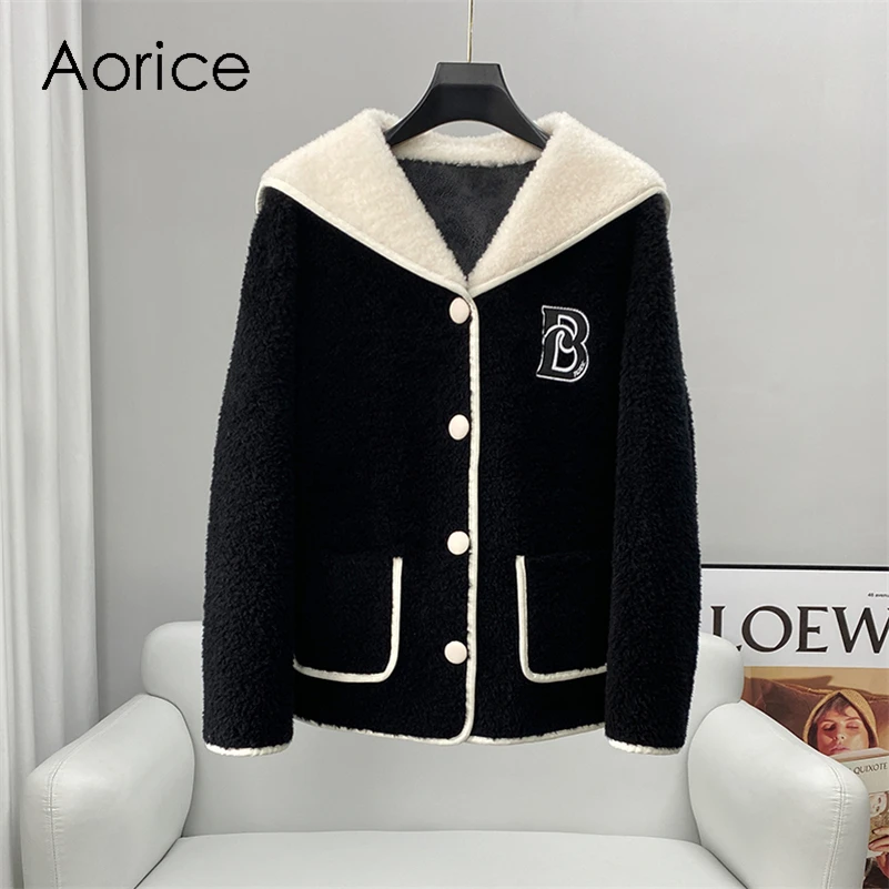 Aorice Women Real Wool Fur Coat Jacket Female Winter Hooded Coats Over Size Jackets Trench CT230