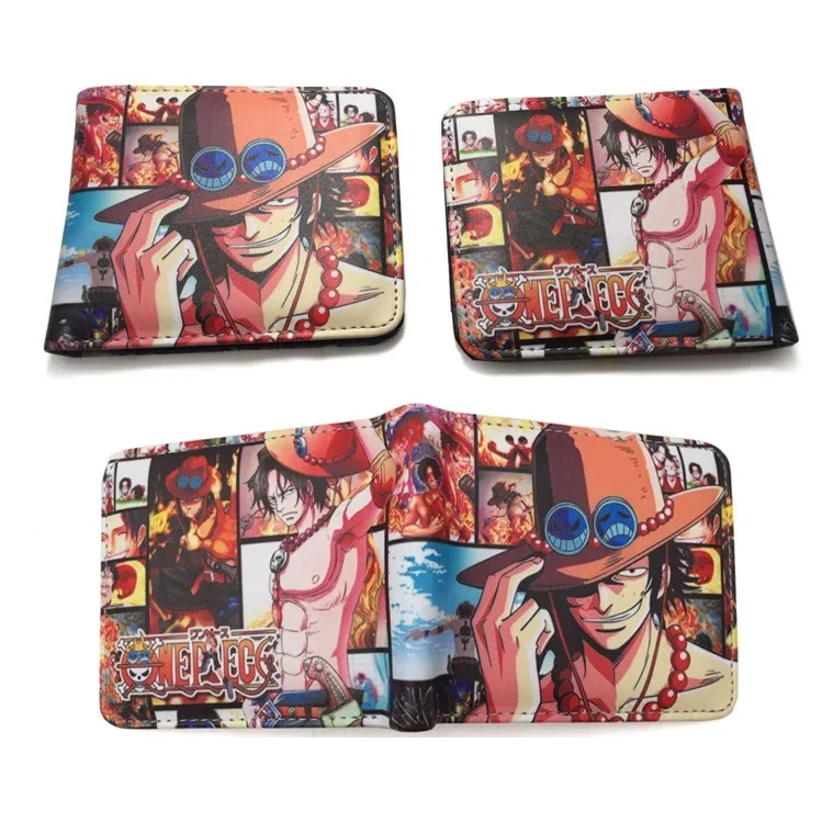 Cartera plegable de One Piece para niños, monedero de PU con Clip para tarjetas, Ace Luffy, Cosplay de dibujos animados, regalo de cumpleaños para mujeres y hombres