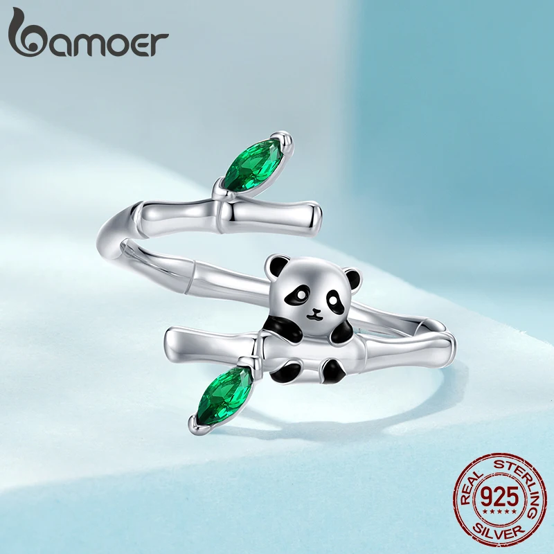 BAMOER Adjustable 925 Sterling Silver Animal Ring for Women, Cute Panda/Bird/Flower Band Stacking Finger Ring CZ Stackable Ring