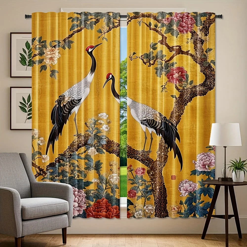 Vintage Chinese Crane Peony Curtain 2 Panels Classic Golden Yellow Texture Inn Room Curtain Auspicious Oriental Bedroom Home