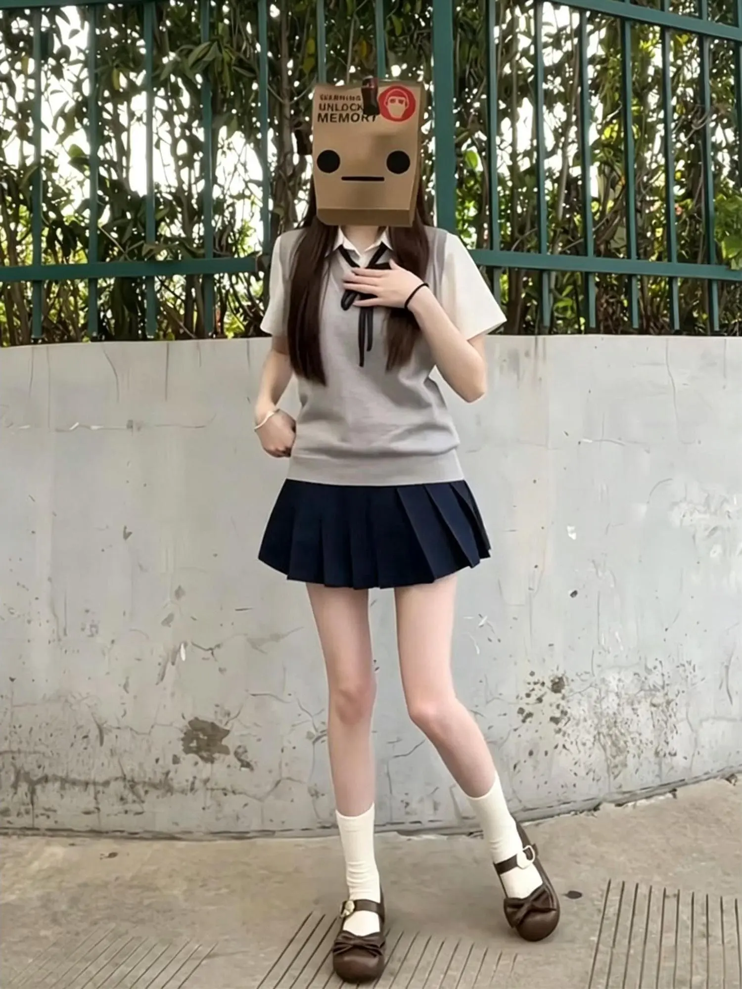 

College Style Summer JK Uniform Knitted Vest Top Basic Short Sleeve Set Overlap Wear Grey Knot mid High Waist