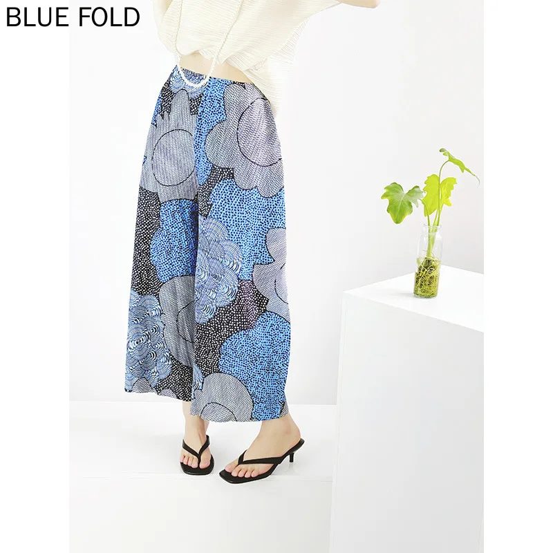 

Printed Yellow Trousers 2025 Summer New Pleated Miyake Pleated Casual Trousers Loose Holiday Style Women
