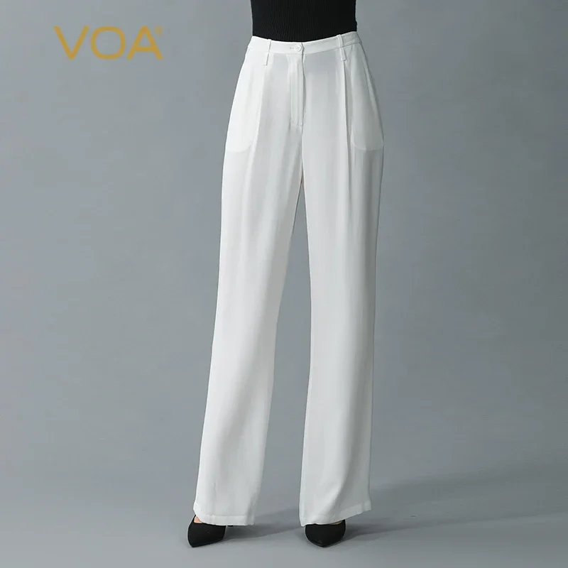 

VOA 30 Momme Heavyweight Mulberry Silk Ivory Natural Waist High Quality Fashion Soft All-match Office Lady Wide-leg Pants KE758