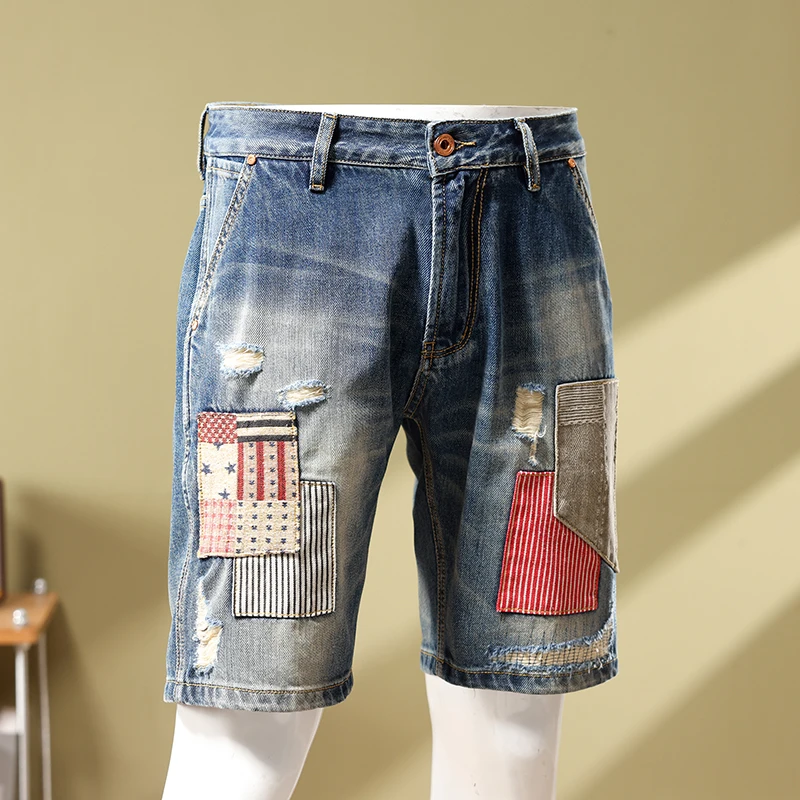 Tide denim short patchwork patch slim small straight leg pants heavy embroidery gang handsome personality men's pants