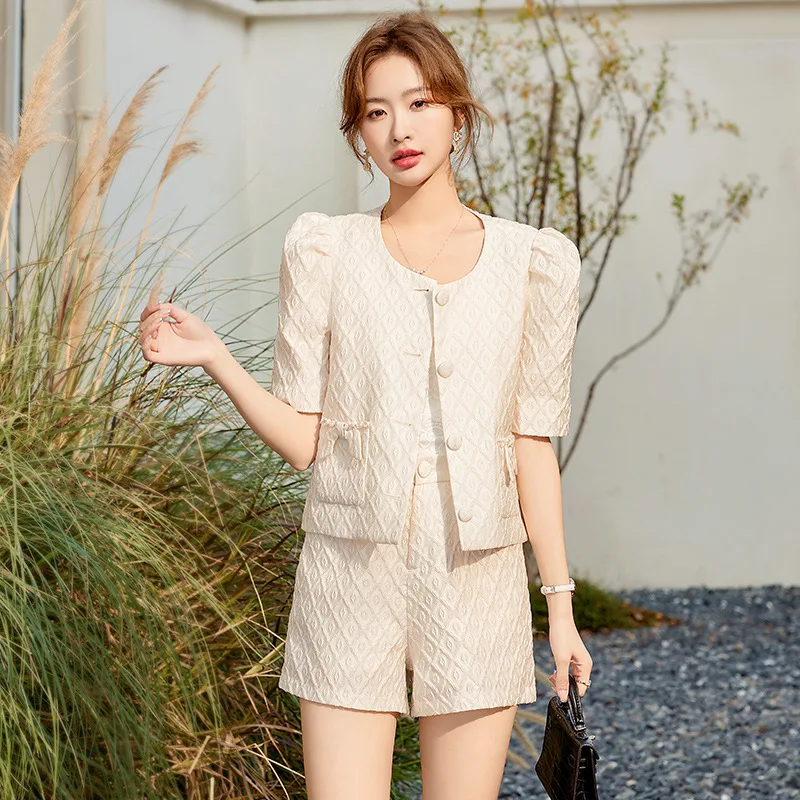 Elegant Embossed Short Sleeve Suit Coat Women's Summer High-End Small Fashionable High Waist Shorts Suit