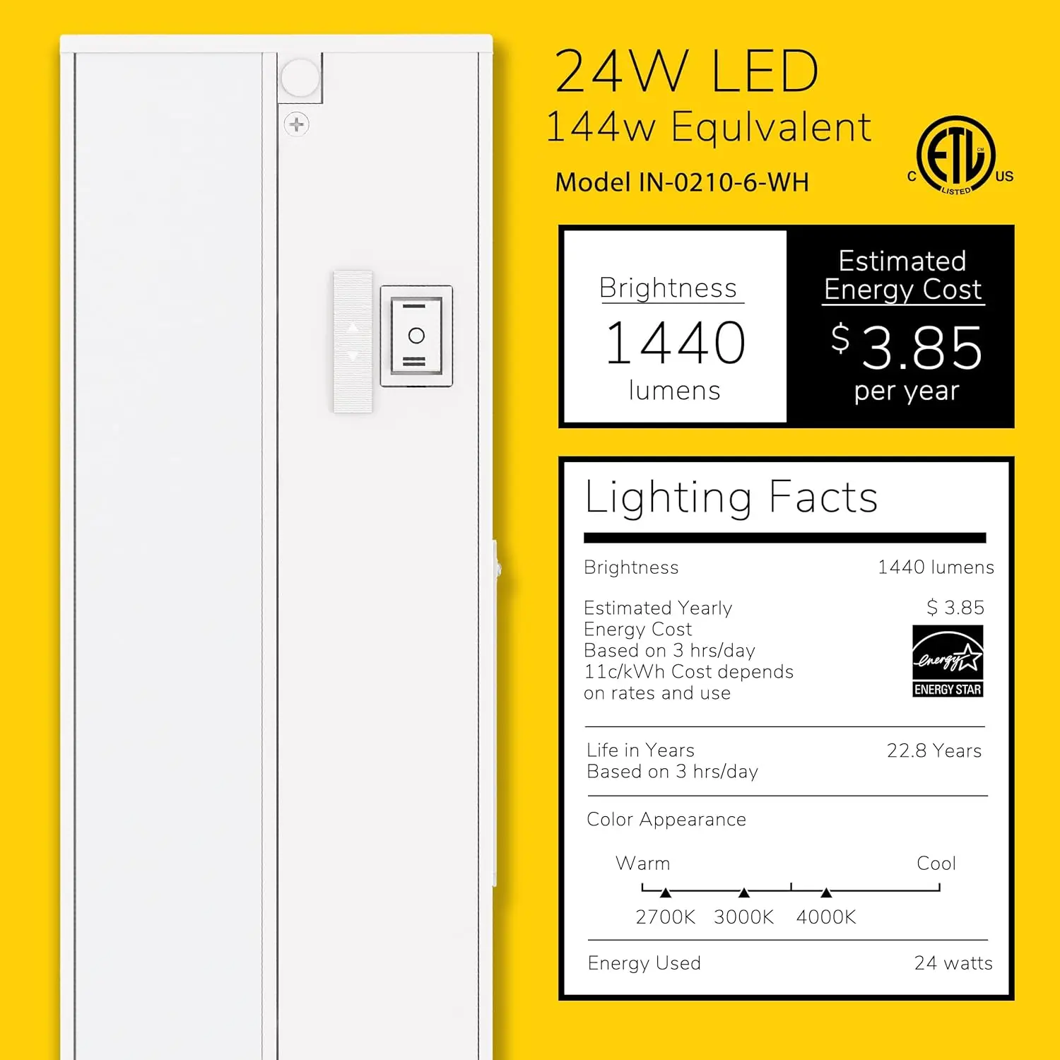 LED Under Cabinet Lighting with ETL Listed, 48-inch, Warm White (2700K)