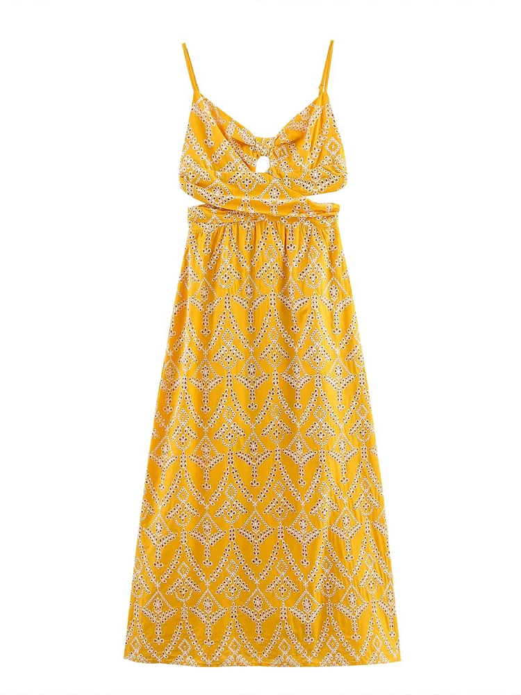 

European style new women's fashion versatile temperament embroidery print slim suspender midi dress