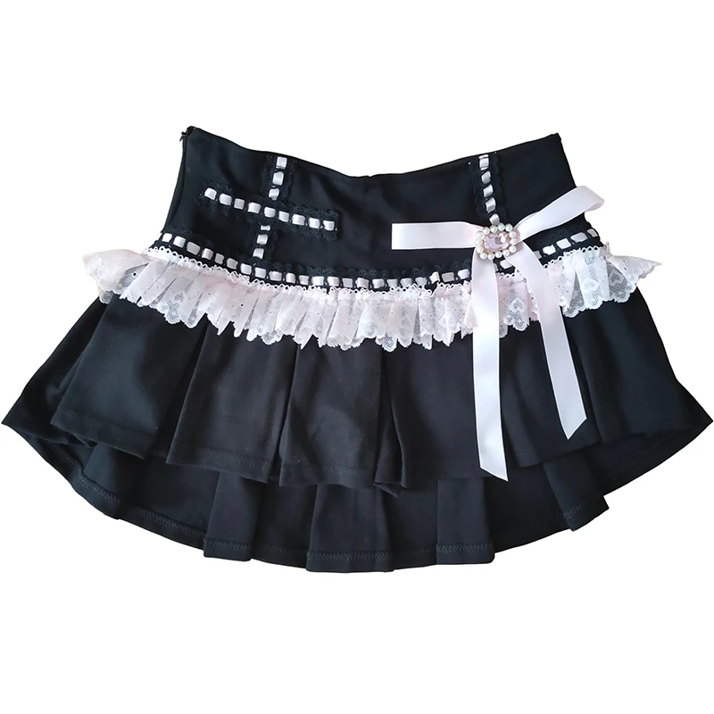 

Cute Pleated Skirts Women Summer Lace Trim Bow Decoration A-Line Mini Shorts Skirt for Kawaii Girls
