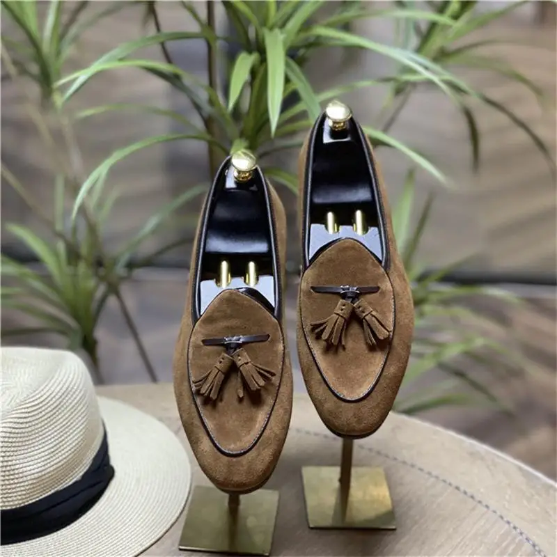 Blue Genuine Leather Men's Tassel Loafers Round Toe Cow Suede Low-heeled Slip on Classic Wedding Business Casual Party Shoes