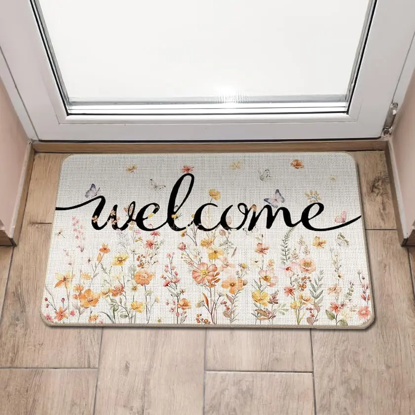 VIKAMA Gnome Sunflower Welcome Door Mat Spring Summer Yellow Floral Doormat for Front Door Porch Outdoor Indoor Entrance Decor