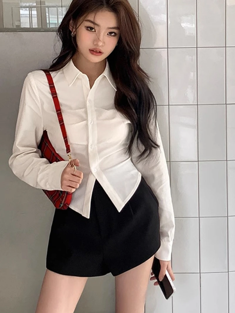 

Белая приталенная короткая рубашка для женщин: весна-осень-зима, базовый слой, топ с утягивающим эффектом на талии, корейский стиль, с воротником