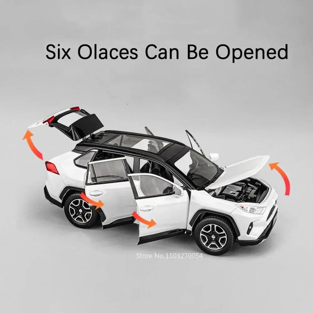 1/22 RAV4 Car Toys Models Diecast Alloy Vehicles Sound Light Pull Back 6-drzwiowy otwarty metalowy korpus Gumowe opony Zabawki Prezenty dla dzieci