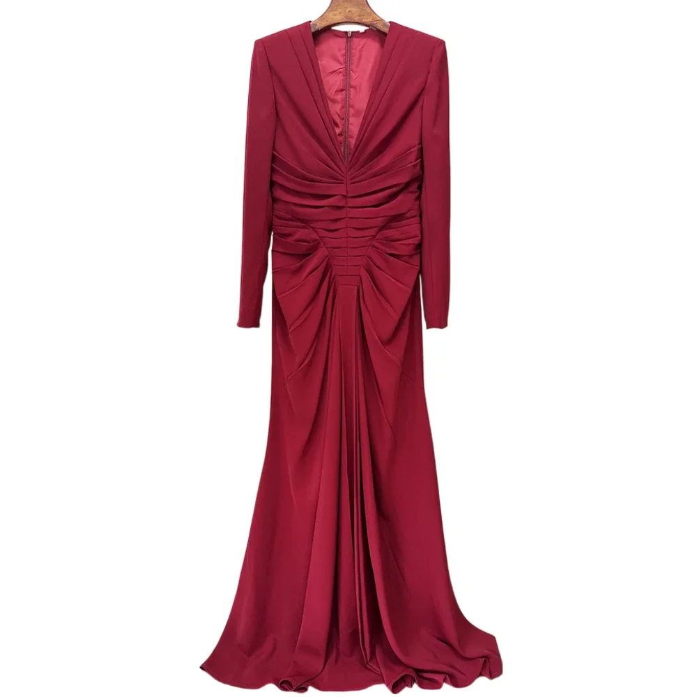

Luxurious Burgundy Deep V Neck Long Sleeve Gown Elegant Ruched Bodycon Dress Retro Formal Prom Dinner Party Female Maxi Dresses