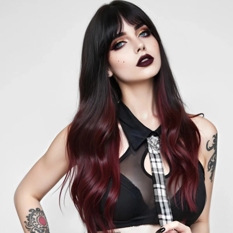 

Черный Выделенный Красный Синтетический Парик Длинный Волнистый Черный Смешанный Красный Парик с Занавеской Челкой для Женщин Многоцветный Костюм Парик Хэллоуина