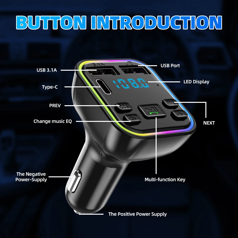 Car Bluetooth 5.0 FM Transmitter PD Type-C Dual USB 3.1A Fast Charger Colorful Ambient Light Handsfree MP3 Modulator Player