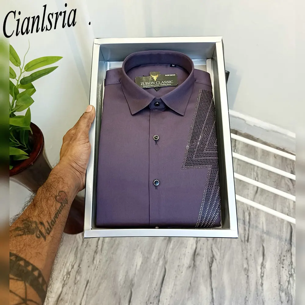Men Luxury One‑Side Geometric V Rhinestone Long Sleeve Dress Shirt Formal Turn‑Down Collar Tops Wedding Party Suit Matching