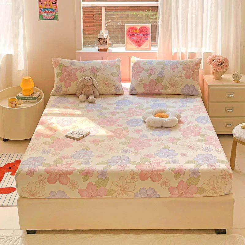 Pink Floral Flannel Fitted Sheet Set Winter Warm Ultra Soft Milk Velvet Bedding Set Deep Pocket Mattress Cover for Kids Teens