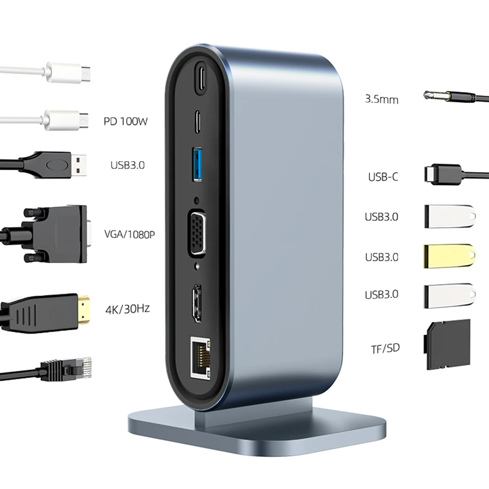 

12 in 1 C-Type Adapter Expansion Base 100W PD 4K HDMI Compatible with SD/TF Card Reader Hub USB 3.0/RJ45 Port/3.5mm Jack for