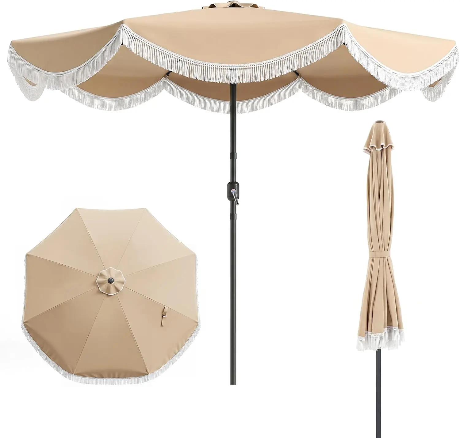 10 FT Patio Umbrella With Fringe, Boho Scalloped Outdoor Table Umbrella With Push Button Tilt, 8 Heavy Duty Ribs, Vented Canopy For Market Garden Yard Beach Poolside Beige