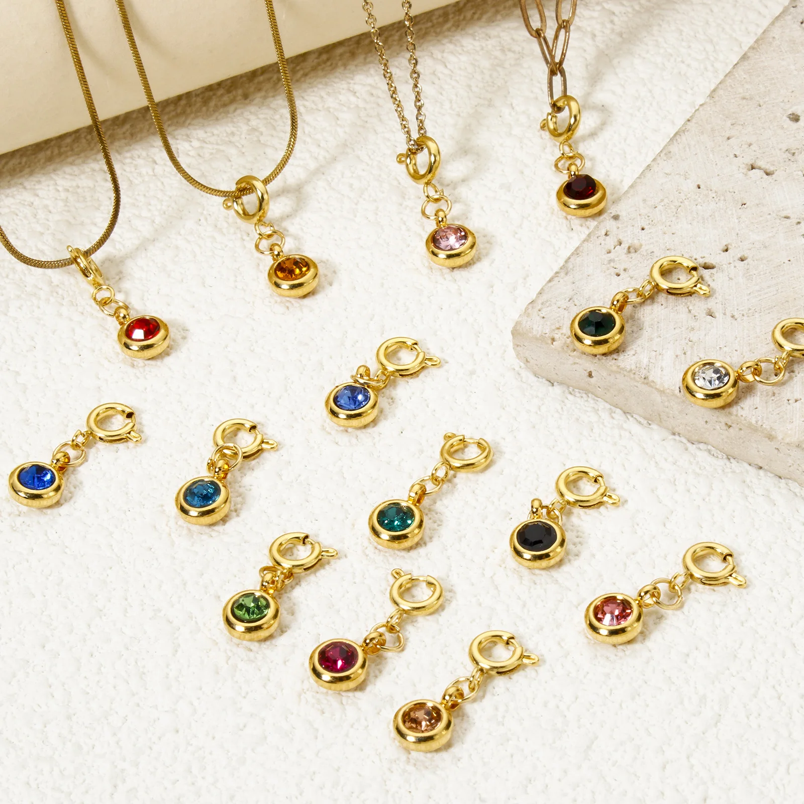 1pc Multicolor Stainless Steel Birthstone Clip On Charms Round With Spring Ring Clasp Pendant DIY Necklace Jewelry 20mm x 6.5mm