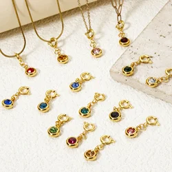 1pc Multicolor Stainless Steel Birthstone Clip On Charms Round With Spring Ring Clasp Pendant DIY Necklace Jewelry 20mm x 6.5mm