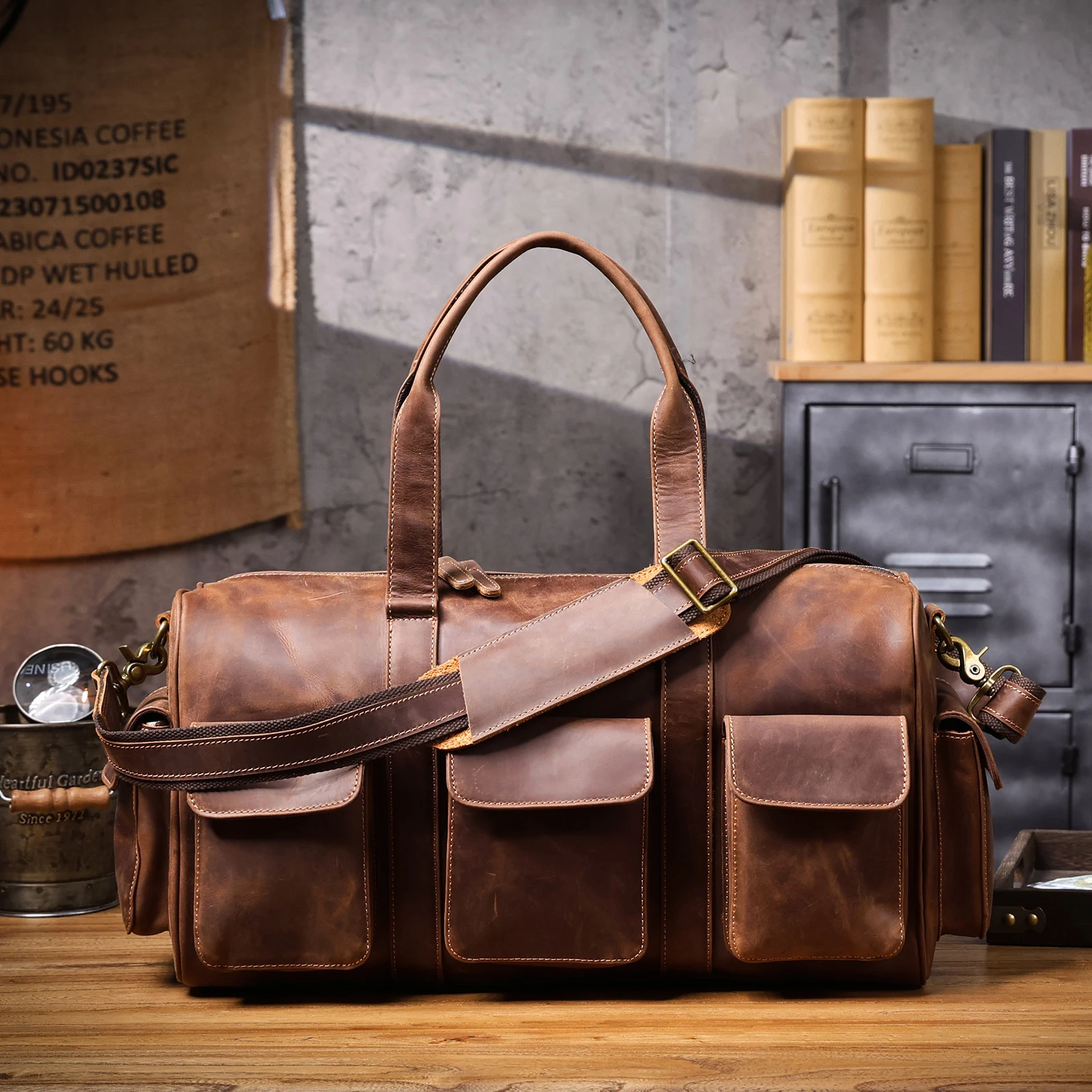 S.WORKER Große Kapazität Echtleder Vintage Rindsleder Reisetasche Weekender Herren Reisetasche Sporttasche Retro-Stil – Detail 9