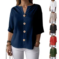 Chemisier en mousseline pour femme, chemisier d'été en coton et lin, chemise longue élégante unie, t-shirt pour adolescentes, chemisiers et blouses à manches 3/4 pour femme 2