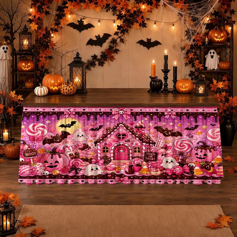 Halloween table skirt 1 piece: Polyester, Pink Candy House, Ghost Pumpkin, Bat, Lollipopxzj
