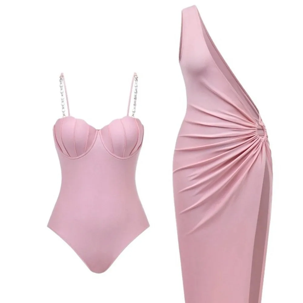 Sexy One Shoulder Two Piece Swimsuit For Women, Solid Color Halter Bikini Set With Adjustable Straps, Summer Beach Brazilian 2 P
