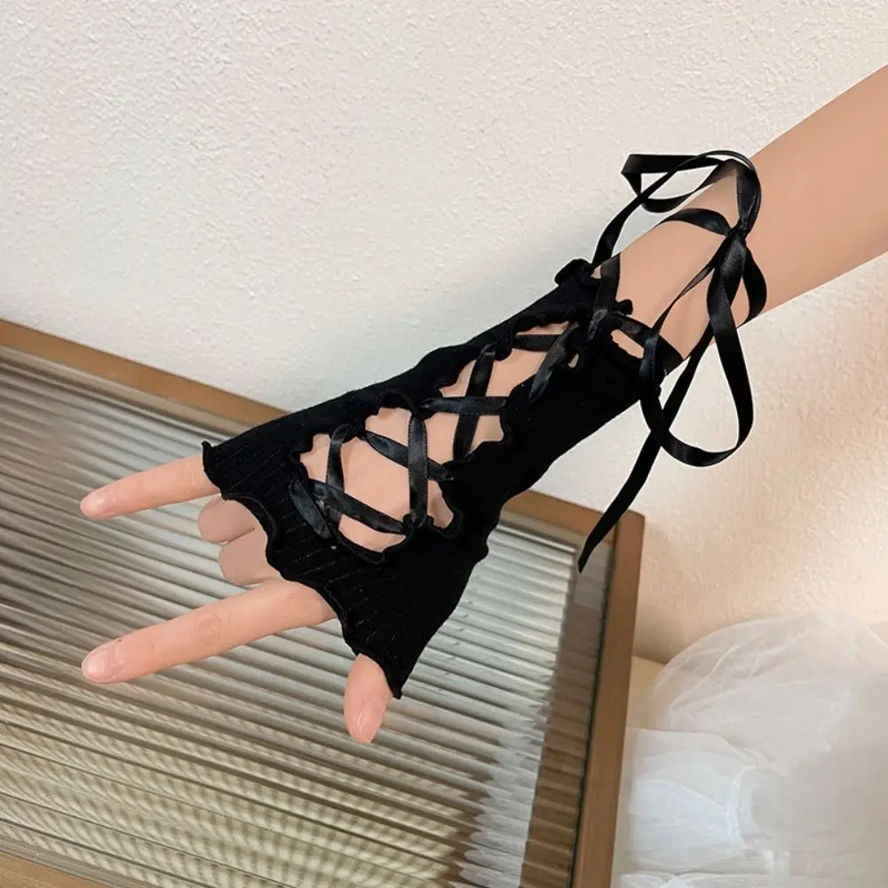 Women Lolita Jk Lace Fingerless Gloves Black Gothic Gloves DIY Strapping Sunscreen Sleeve Elastic Mesh Punk Gloves