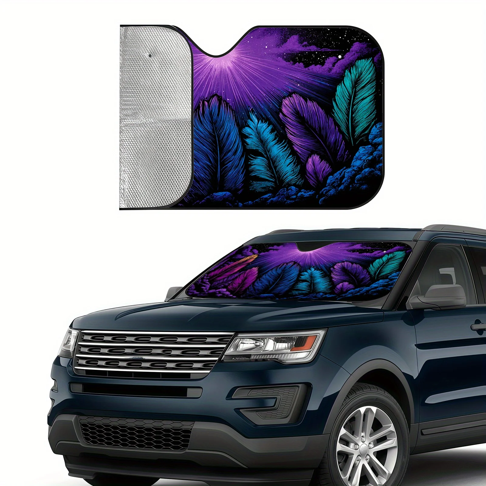 The Starry Sky Feather Car Sunshade Features Vibrant Colors And Feather Art, Complete With Installation Additions To Keep The In
