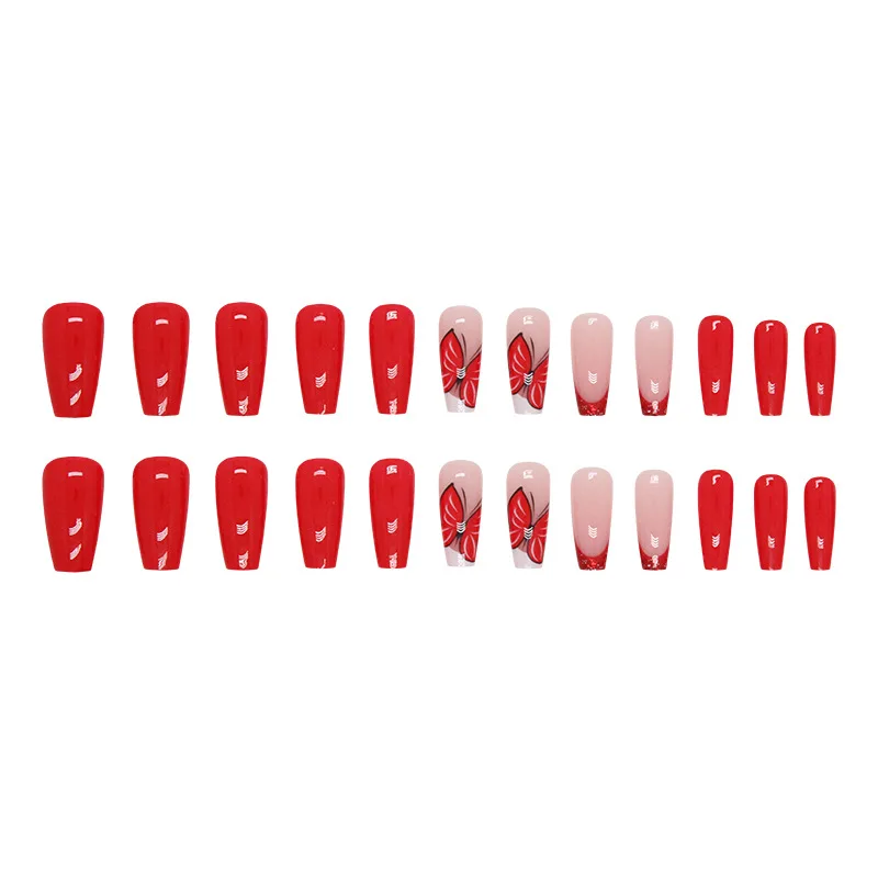 24 stuks wijnrode Franse opdruknagels - glittervlindertoppen lange balletvorm (meerdere maten) kunstnagels met draaggereedschap
