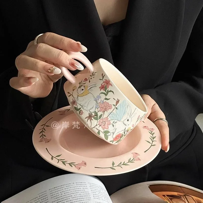 Vintage Oil Painting Like Flower Rabbit Coffee Cup And Plate Set, Ceramic Coffee Cup Gift Box Set, High-End Feeling Souvenir