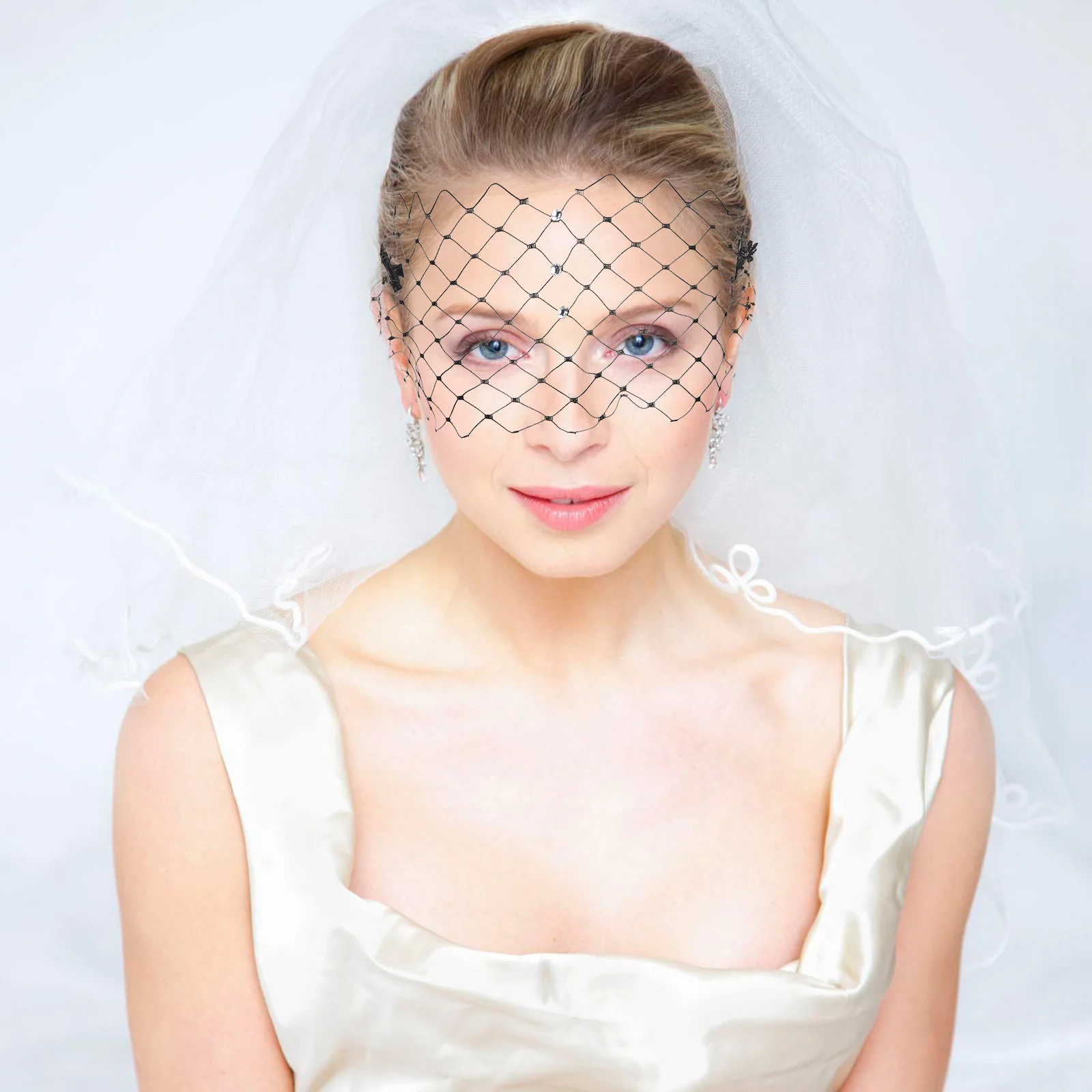 Bridal Wedding Birdcage Fascinator Mesh Veil Rhinestone Bride Face Make up Veils for