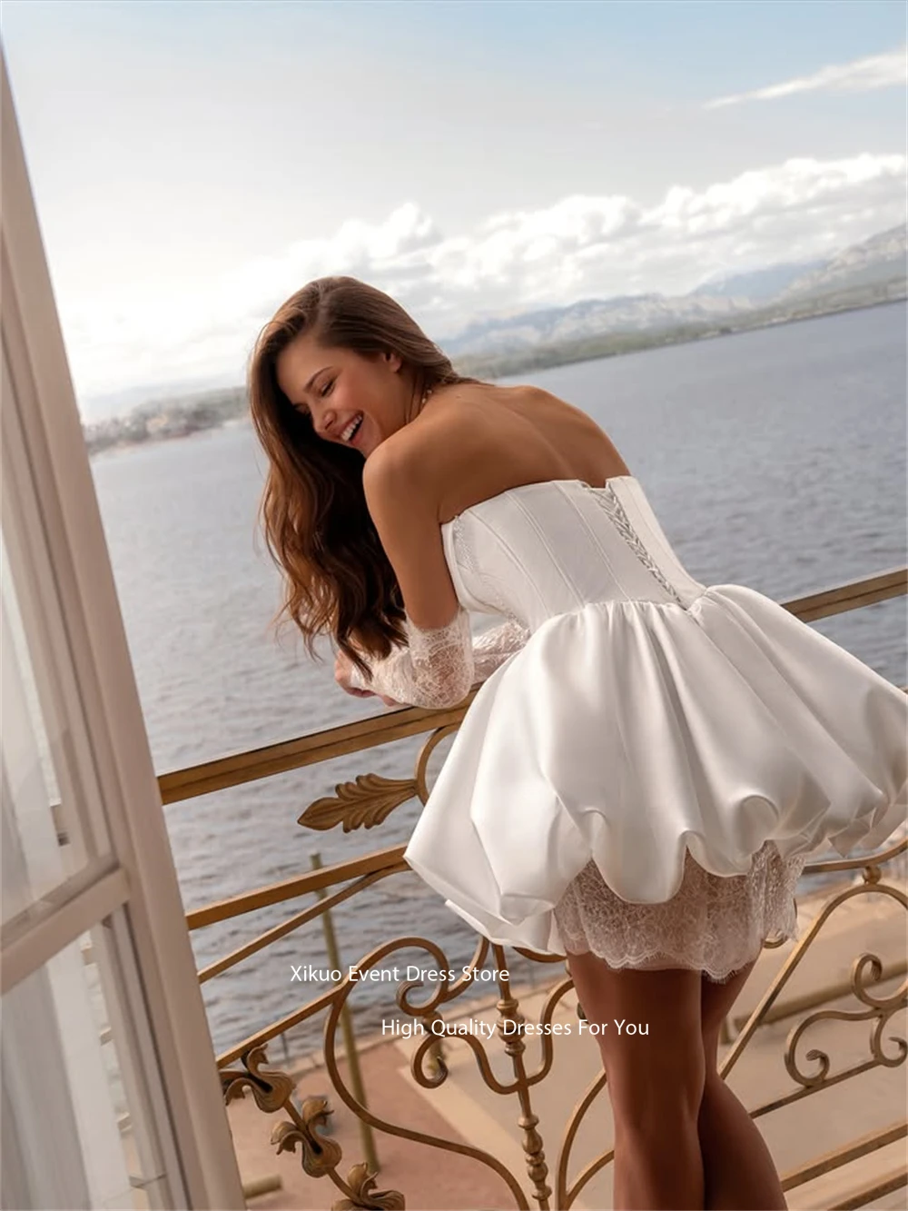Gaun Pengantin Pendek Xikuo dengan Aplikasi Renda Anggun, Model A-Line Mewah dengan Mutiara, Gaun Pengantin untuk Wanita, Dapat Dipesan Sesuai Ukuran