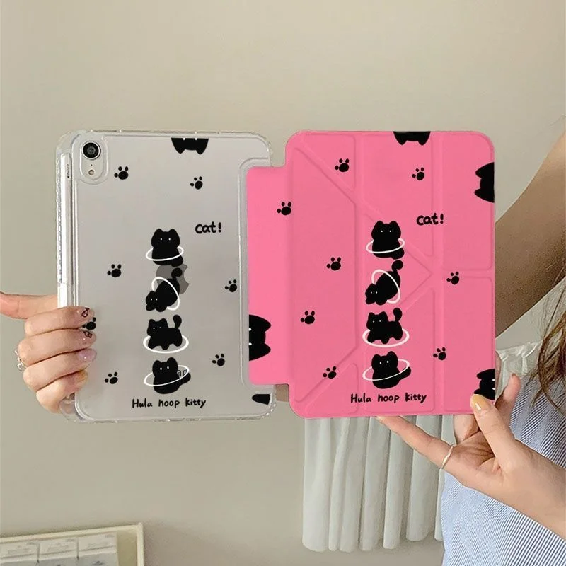 Cute Black Kitten Pink Tablet Cover For iPad Pro 11 12.9 13 M4 M5 9.7 10.2 Air 4567 Funda for Samsung Tab S7 S8 S9 11 Plus Cover