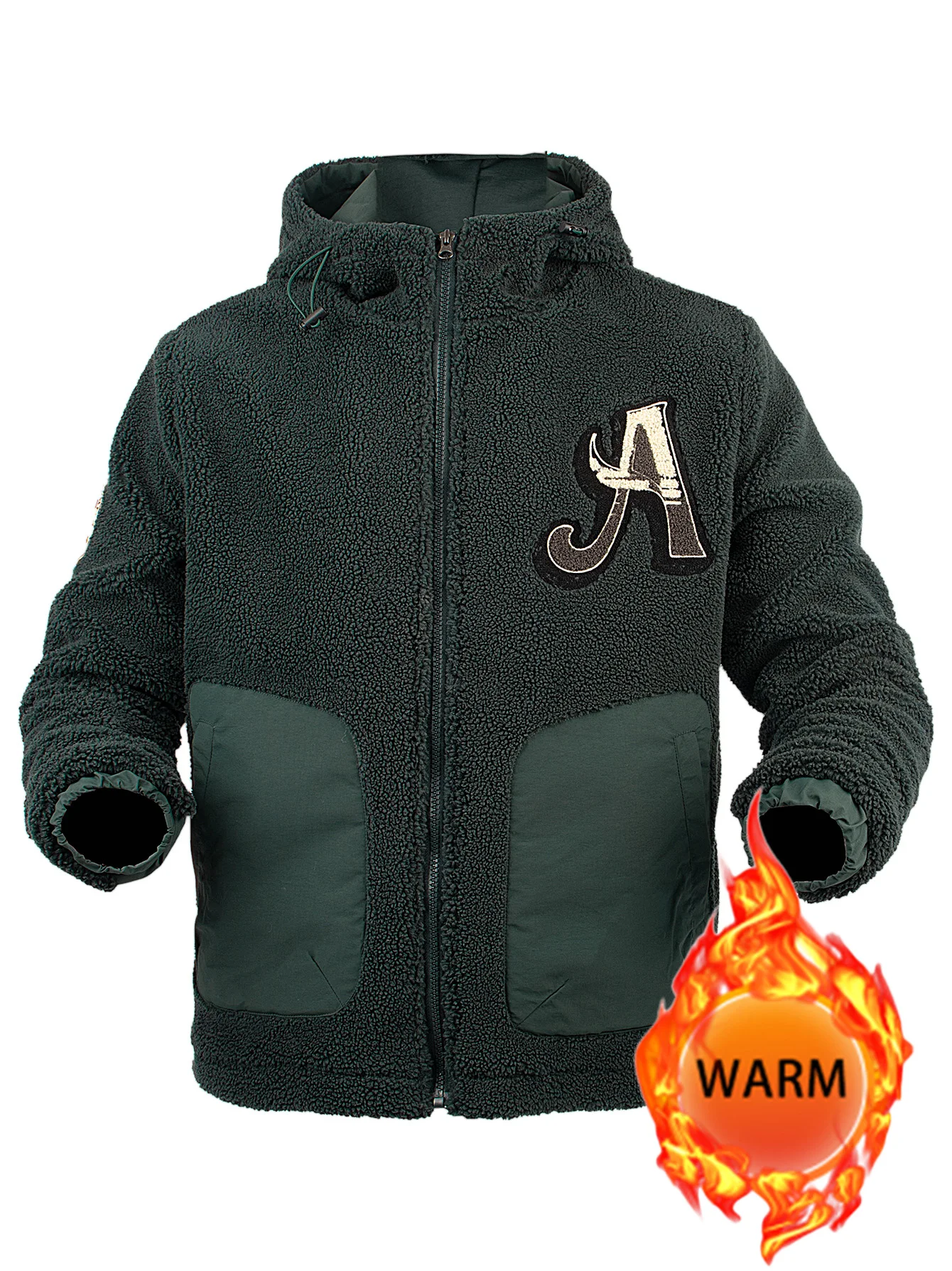 Chaqueta con capucha y cremallera de lana para hombre, puños elásticos gruesos y cálidos para otoño e invierno con bolsillo, abrigo informal bordado de retazos