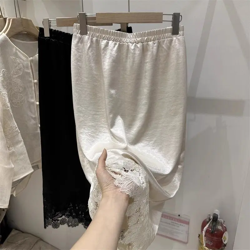 

Женские элегантные клубные юбки для вечеринок, офисные женские эластичные атласные юбки трапециевидной формы с разрезом на талии Faldas Mujer 320A, роскошная кружевная лоскутная атласная юбка