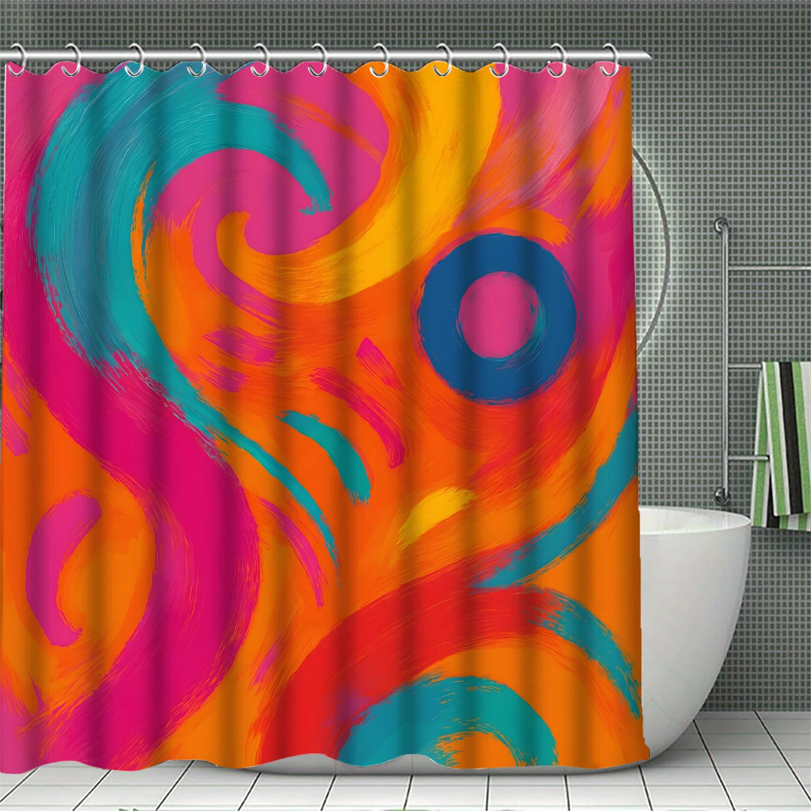 Mid Century Modern Shower Curtain Sets Abstract Geometric Balance Circles Boho Bath Curtains Toilet Cover Bathroom Accessories