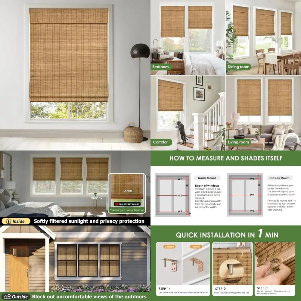 

Cordless Bamboo Roman Shades for Privacy and Room Darkening, Interior Window Blinds, Ideal for Home and Patio Spaces