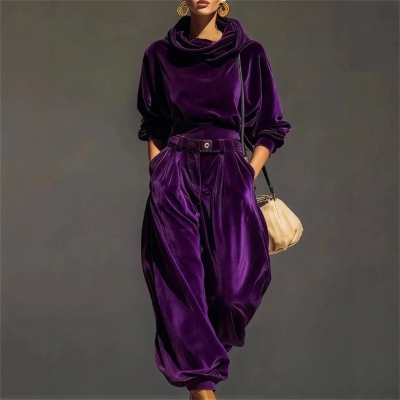 Velvet Hooded Long Sleeve Loungewear Set With Tapered Ankle Pants For Women Cozy Home Casual Outfit Travel Christmas Gift
