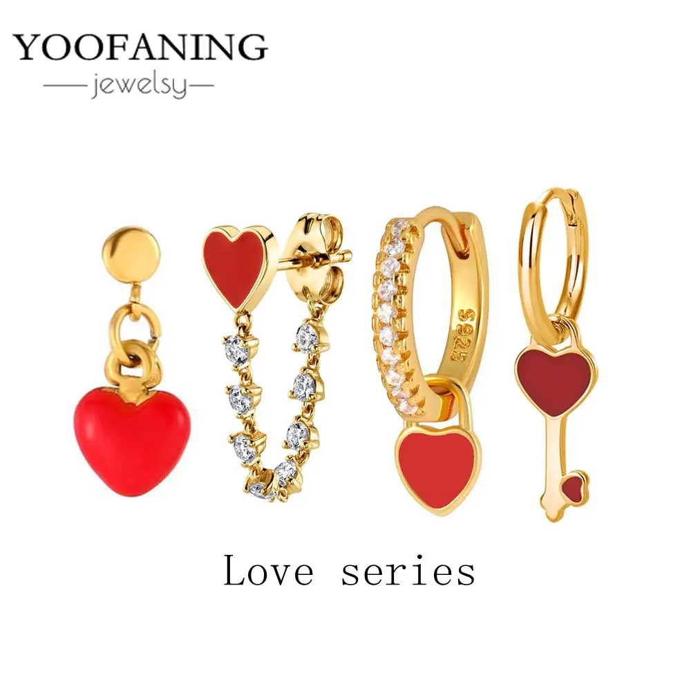 925 Sterling Silver Needle Exquisite Earrings Red Zircon Love Series Elegant Women's Earrings Perforated Earrings Jewelry Gifts